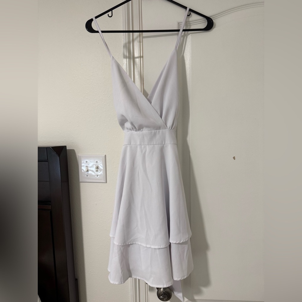 White Tiered V-Neck Mini Dress with Bow Back